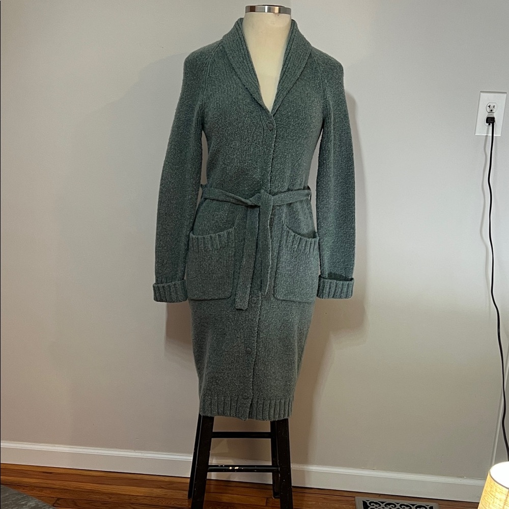 Comfy Cozy Button Front Pockets Jones New York Textured Green Wool Blend Sweater